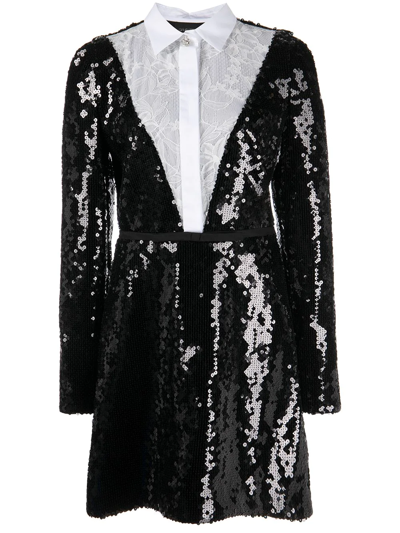 Giambattista Valli Sequin Embellished Lace-insert Mini Shirtdress In White/black