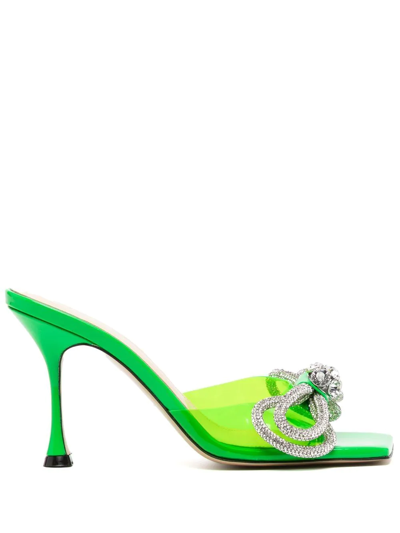 Mach & Mach Double Bow 95 Green Crystal-embellished Pvc Mules