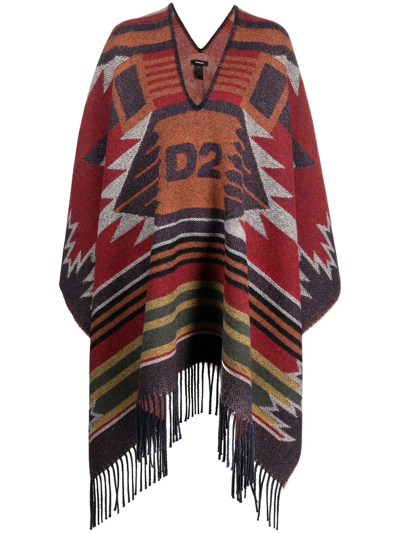 Dsquared2 Fringed Hem V-neck Oversized Cape In Red