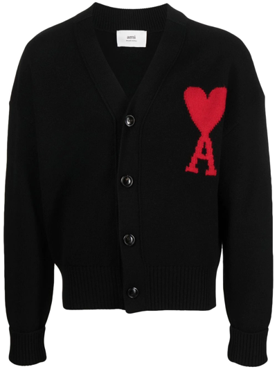 Ami Alexandre Mattiussi Logo-intarsia Organic Cotton And Wool-blend Cardigan In Black,red