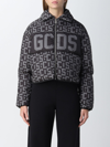Gcds Woman Black Crop Down Jacket With Monogram Pattern And Logo Band In Black