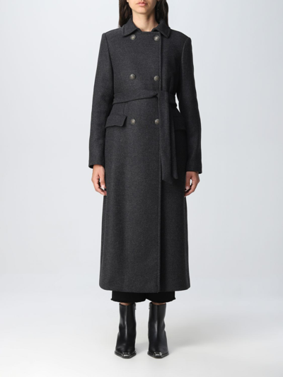 Semicouture Belted Double-breasted Coat In Charcoal