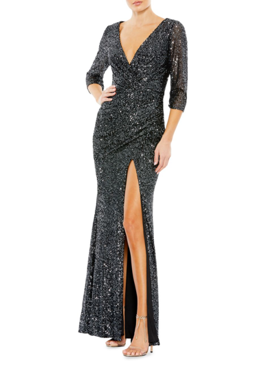 Mac Duggal Ruched Sequin A-line Gown In Graphite