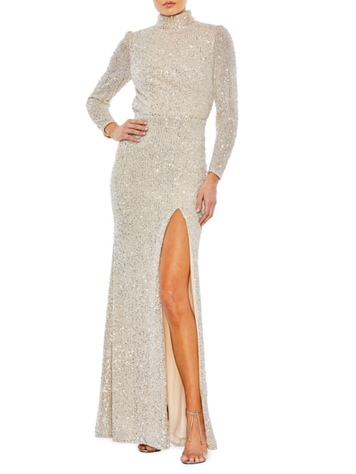 Mac Duggal Metallic Lace-up Gown In Silver