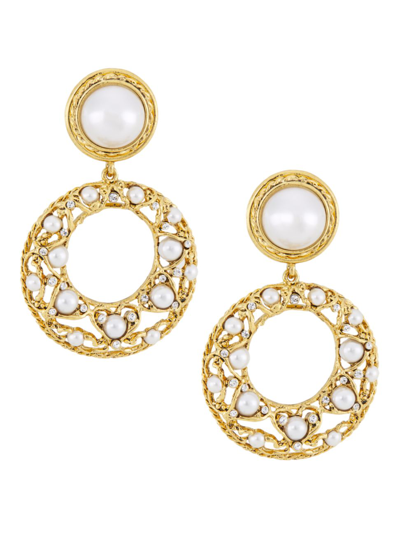 Kenneth Jay Lane Gold Pearly Top With Pearly And Crystal Drop Clip Earrings