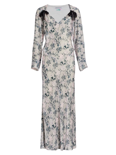 Bernadette Mathilda Floral Velvet Bow Maxi Dress In Soft Pink On Grey