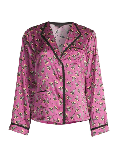 Morgan Lane Mimi Floral Satin Button-front Shirt In Purple
