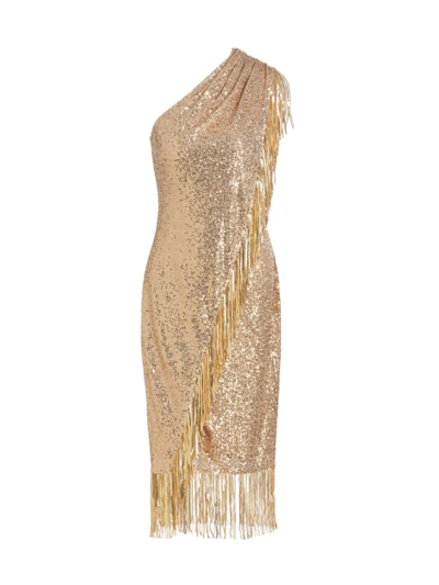 Badgley Mischka One-shoulder Wrap-effect Sequined Mesh Midi Dress In Gold