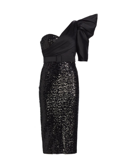 Badgley Mischka Sequined One-shoulder Cocktail Dress In Black