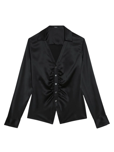 Theory Stretch-silk Ruched Shirt In Black