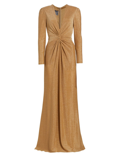 Monique Lhuillier Twisted Glittery Long-sleeve Gown In Antique Gold