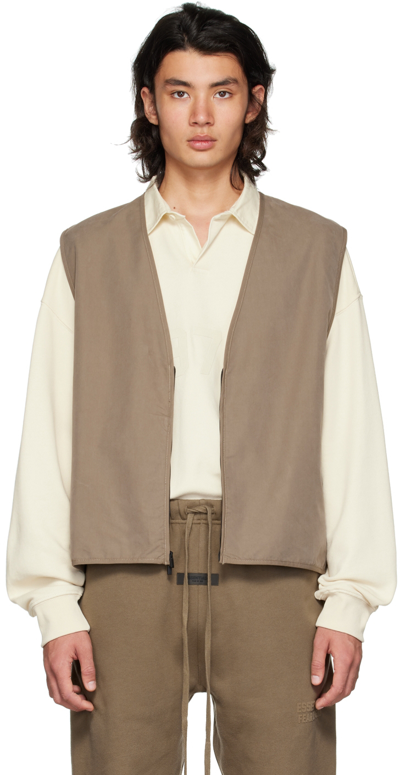 Essentials Brown Zip Vest In Wood