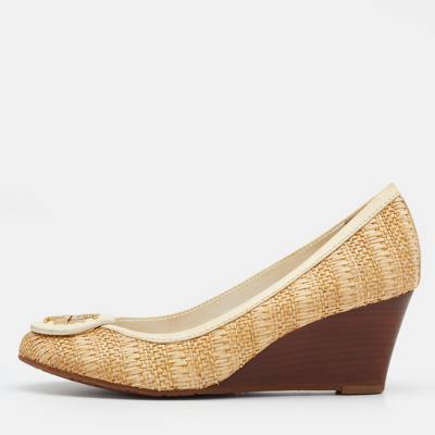 Pre-owned Tory Burch Beige Raffia And Leather Sally Wedge Pumps Size 36.5