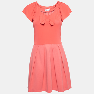 Pre-owned Red Valentino Coral Pink Jersey & Knit Bow Detail Pleated Dress S