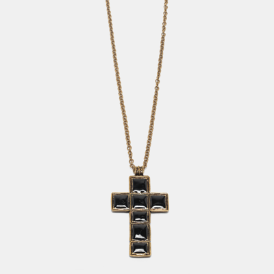 Pre-owned Gucci Aged Gold Tone Enamel Cross Pendant Necklace