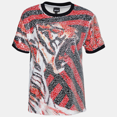 Pre-owned Just Cavalli Dressing Gownrto Cavalli Multicolor Animal Pattern Sequined Crew Neck Top M