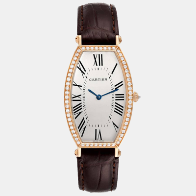 Pre-owned Cartier Silver Diamond 18k Rose Gold Tonneau 2849 Manual Winding Women's Wristwatch 26 Mm