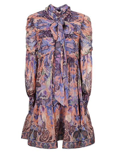 Zimmermann Celestial-print Ruched Mini Dress In Purple