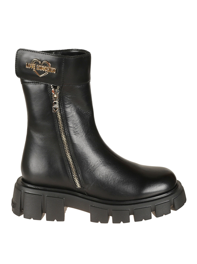 Love Moschino Metal Heart Plaque Side Zipped Boots In Black