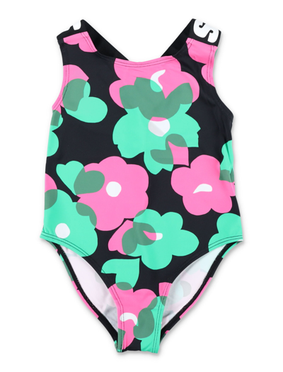 Stella Mccartney Kids' Floral-print Logo Swimsuit In Black/multicolor