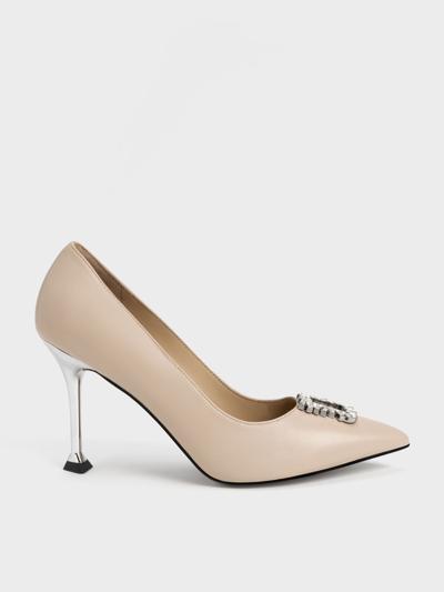 Charles & Keith Leather Gem-embellished Pumps In Nude