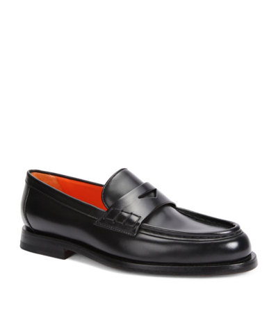 Santoni Leather Penny Loafers In Black