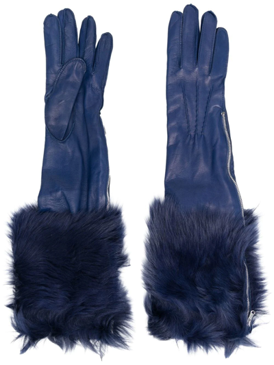 Alberta Ferretti Shearling-trim Leather Gloves In Blue