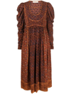 Ulla Johnson Diann Gathered Printed Silk Crepe De Chine Midi Dress In Orange