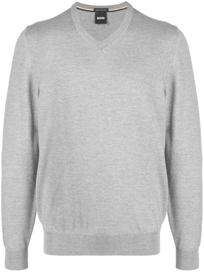 Hugo Boss V-neck Wool Sweater In Silver