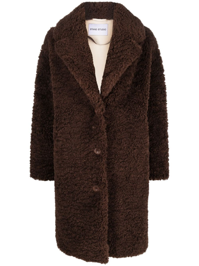 Stand Studio Faux-shearling Button-front Coat In Dark Brown & Off White