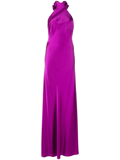 Michelle Mason Backless Halter Tie-fastening Gown In Violett