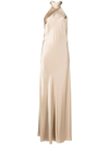 MICHELLE MASON BACKLESS HALTER-NECK TIE GOWN