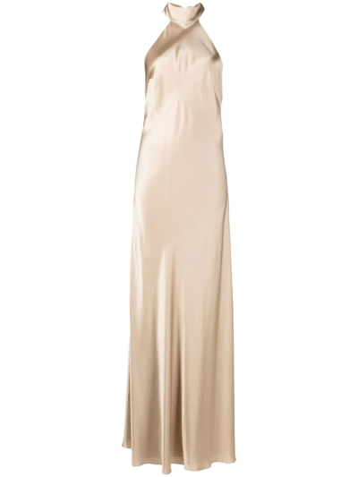 Michelle Mason Backless Halter-neck Tie Gown In Gold