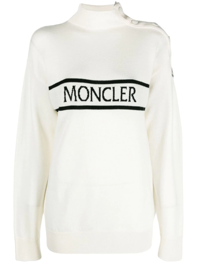 Moncler Logo Intarsia High Neck Sweater In White