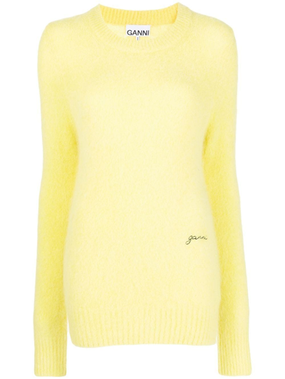Ganni Logo-embroidered Crew-neck Jumper In Yellow