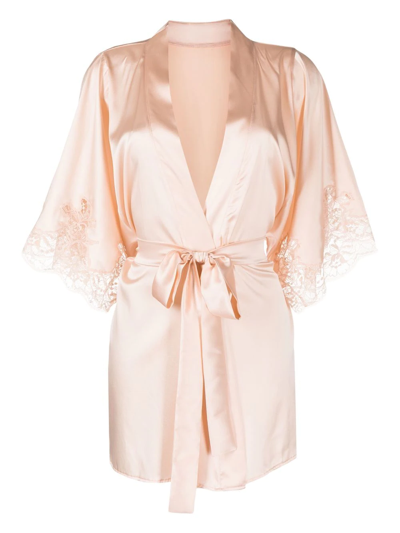 Fleur Of England Lace-trim Silk Robe In Pink