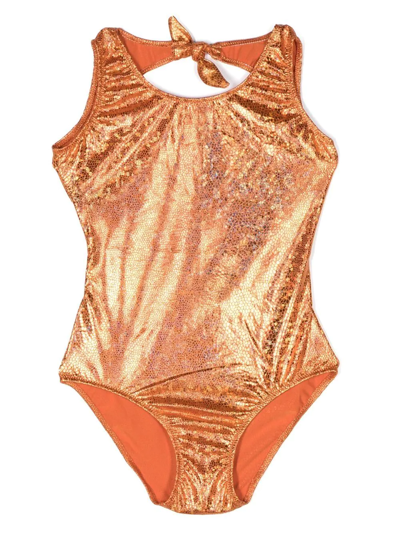 Andorine Kids' Metallic-effect Scale-print Swimsuit In Orange