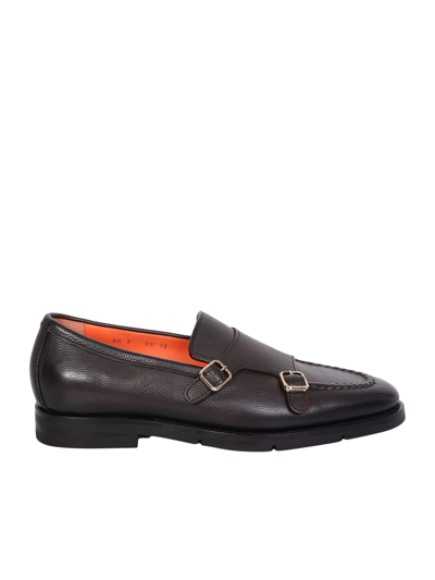 Santoni Double Strap Monk Shoes Brown In Black