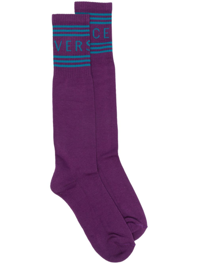 Versace Ribbed-knit Logo Socks In Purple
