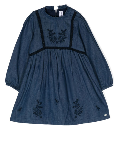 Tartine Et Chocolat Kids' Floral-embroidered Long-sleeve Dress In Bleu