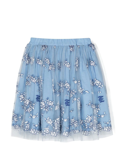 Ermanno Scervino Junior Kids' Floral-embroidered Mini Skirt In Blue
