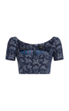 Etro Denim Printed Crop Top W/ Embroidered Patch In Blue