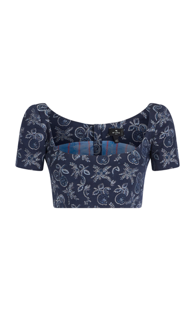 Etro Denim Printed Crop Top W/ Embroidered Patch In Navy