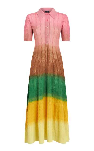 Etro Color Block Cable Knit Wool Maxi Shirt Dress In Multi