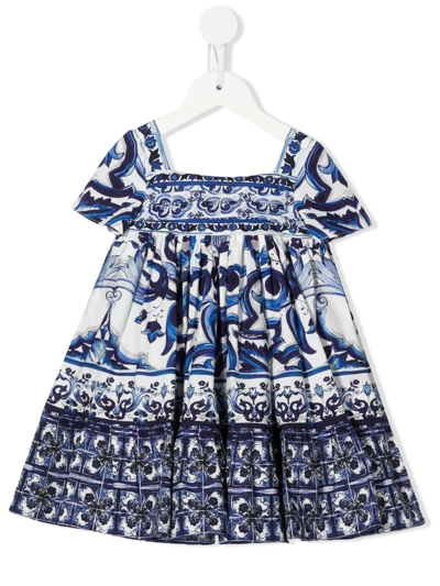 Dolce & Gabbana Babies' Floral-print Flared Dress In Blue