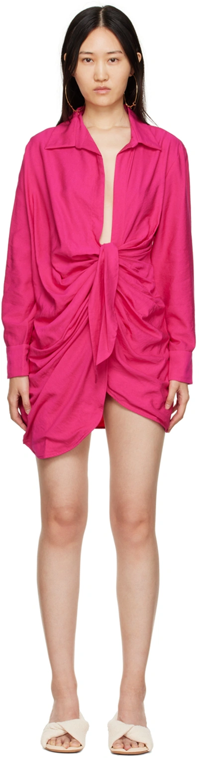Jacquemus Bahia Knotted Twill Mini Shirt Dress In Rose