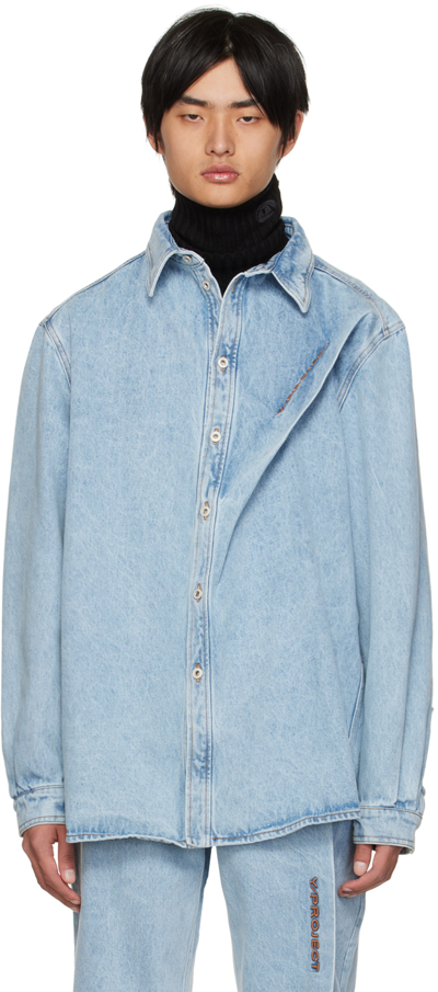 Y/project Logo-embroidered Oversized Denim Shirt In Blue