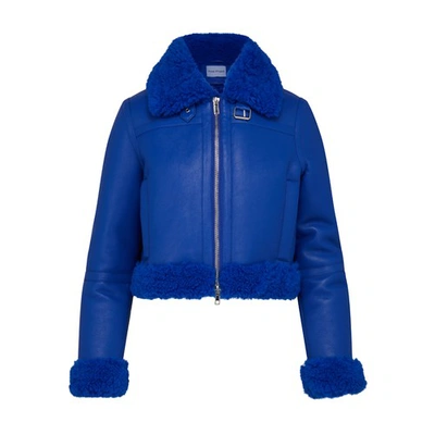 Stand Studio Lorelle Faux Leather Biker Jacket With Faux Shearling Trim In Electric Blue