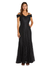 R & M Richards Off The Shoulder Fishtail Evening Gown With Full Body Shimmer Lace In Black
