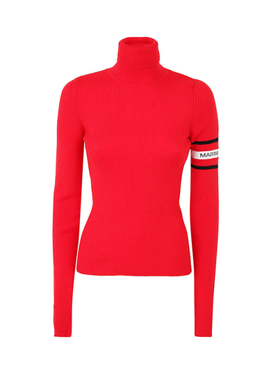 Marine Serre Red Ribbed Turtleneck Wool Sweater